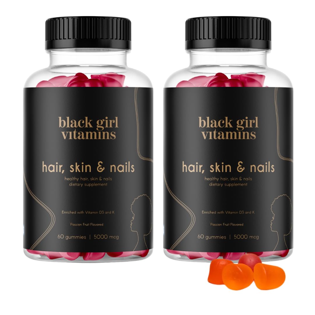 Black Girl Vitamins bottle for hair and nails support benefits.