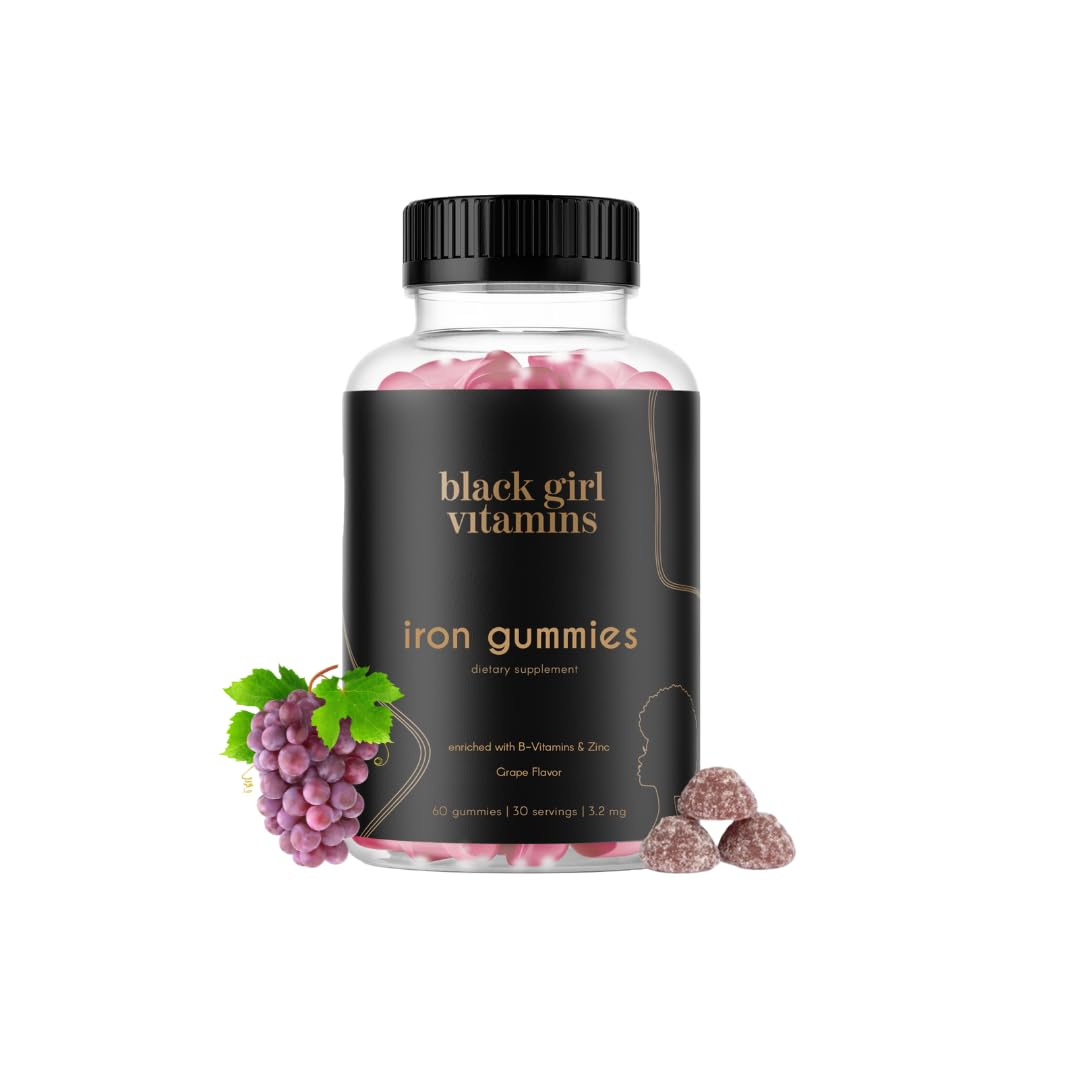 Bottle of Black Girl Vitamins Iron Gummies grape flavor, 60 count