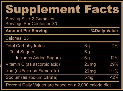 Ingredients and allergen information for iron gummies