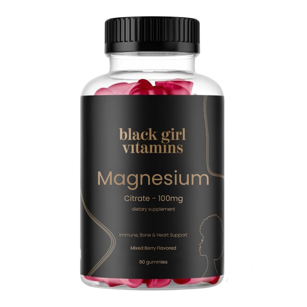 Black Girl Vitamins Magnesium Gummies bottle with mixed berry flavor, 60 count