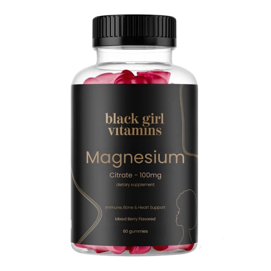 Black Girl Vitamins Magnesium Gummies bottle with mixed berry flavor, 60 count