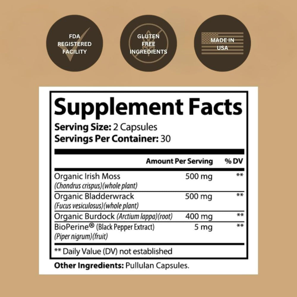 Packaging of Black-owned brand sea moss capsules
