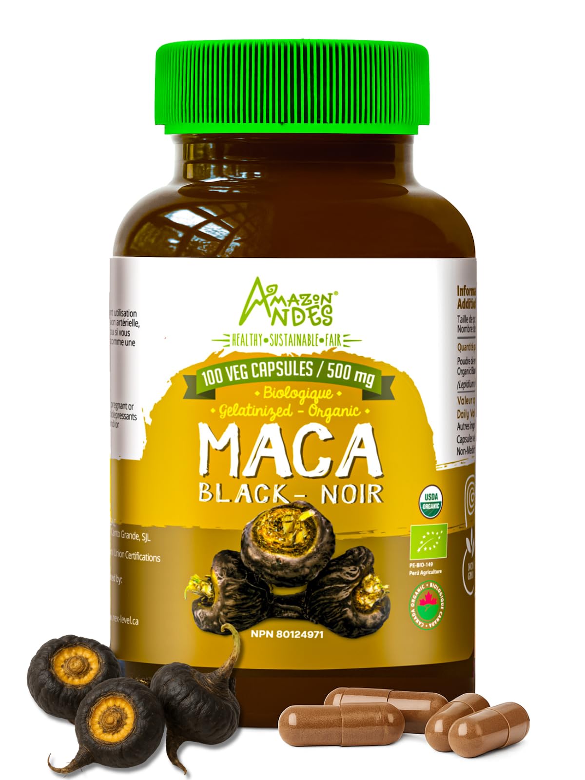 Bottle of Black Maca Root Capsules with Organic Vegan labeling