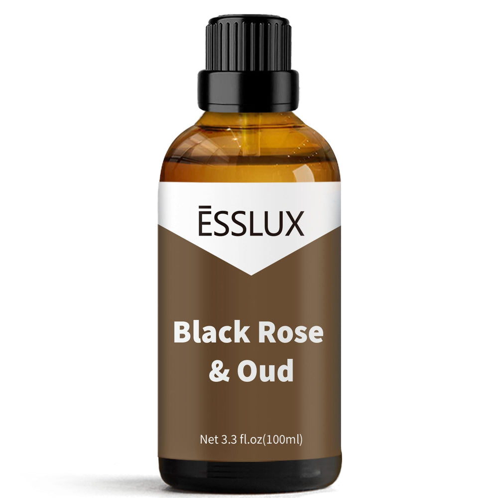 Amber glass bottle of Black Rose & Oud fragrance oil 100ml (3.3 oz) by ESSLUX