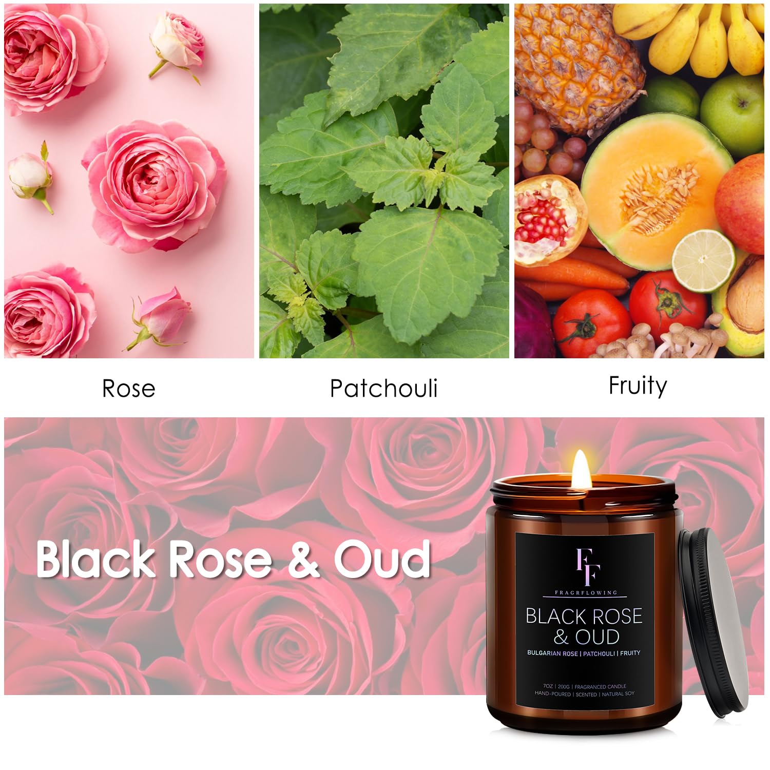 Close-up of Black Rose & Oud 7oz soy wax candle