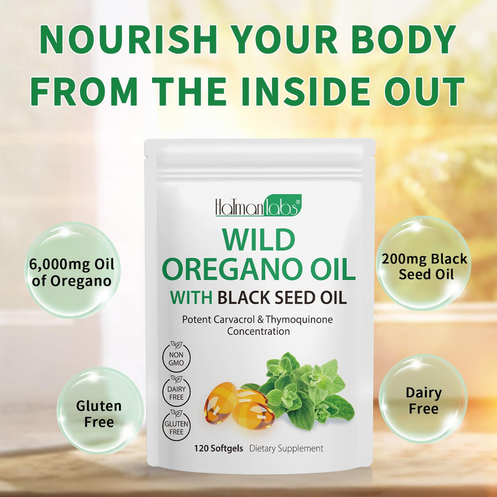 Capsules showing black seed oil and oregano ingredients