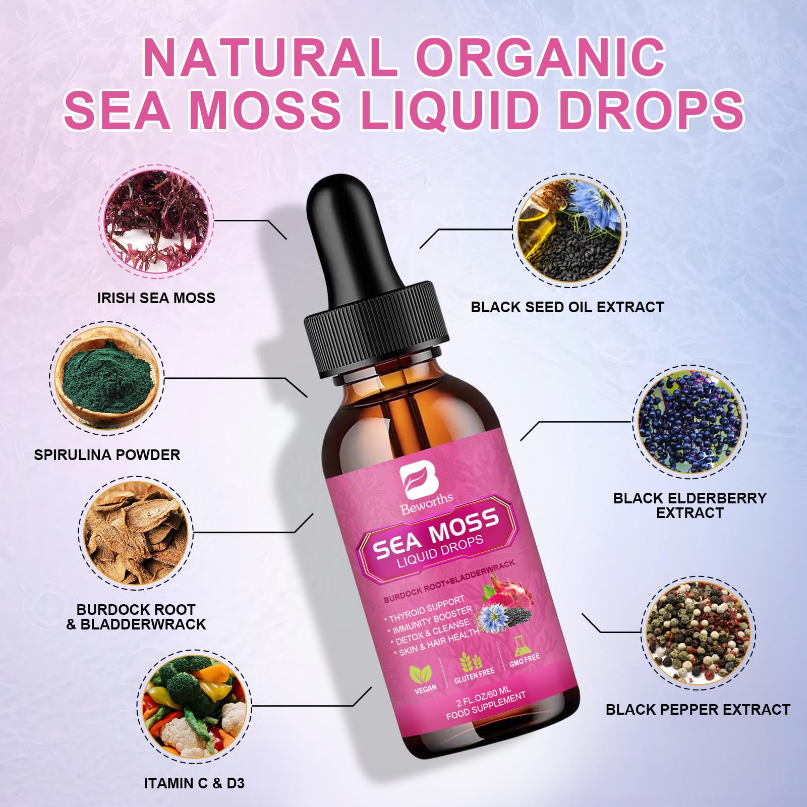 Organic black seed oil bottle next to Sea Moss Drops