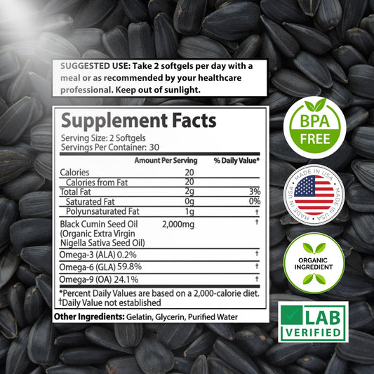 Close-up of black seed oil capsules showing 1000mg per capsule