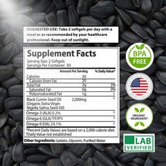 Close-up of black seed oil capsules showing 1000mg per capsule