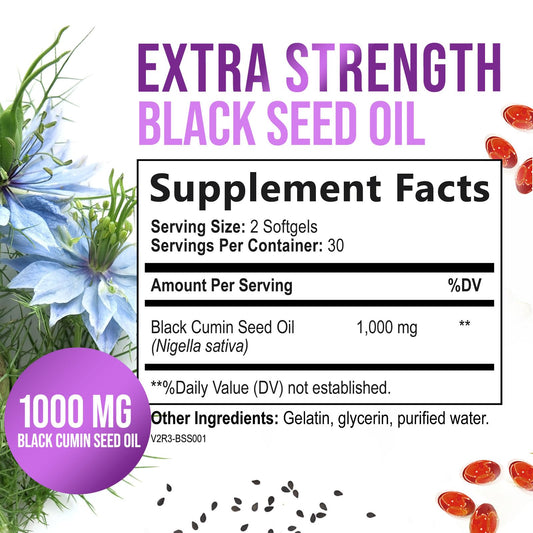 Close-up of Black Seed Oil capsules showing 1000mg dosage