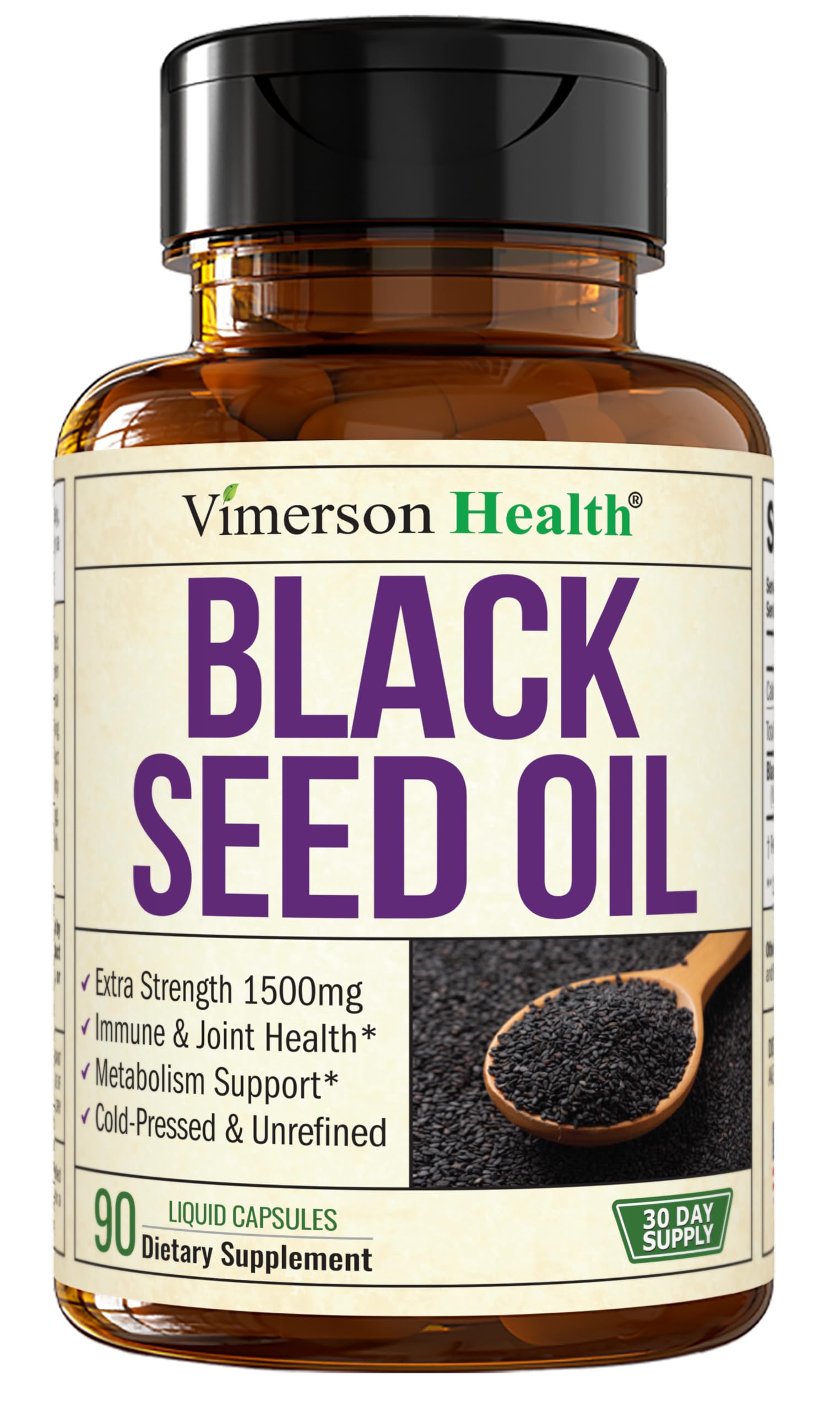 Cold-pressed Black Seed Oil capsules bottle - 1500mg per serving, vegan, 90 capsules