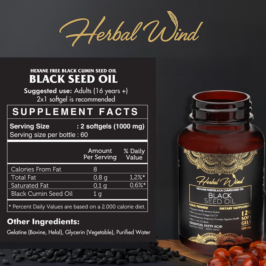 Close-up of black seed oil softgels, 500mg each