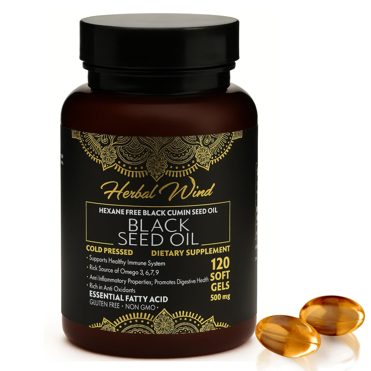Front view of Black Seed Oil Capsules bottle with 120 softgels, 500mg each