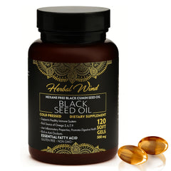Front view of Black Seed Oil Capsules bottle with 120 softgels, 500mg each
