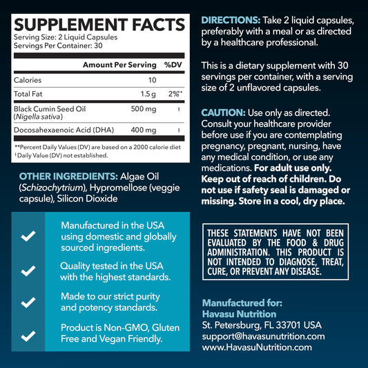 Front label of Black Seed Oil with DHA bottle