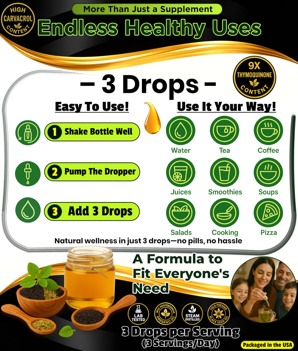 Organic black seed oil in dropper.