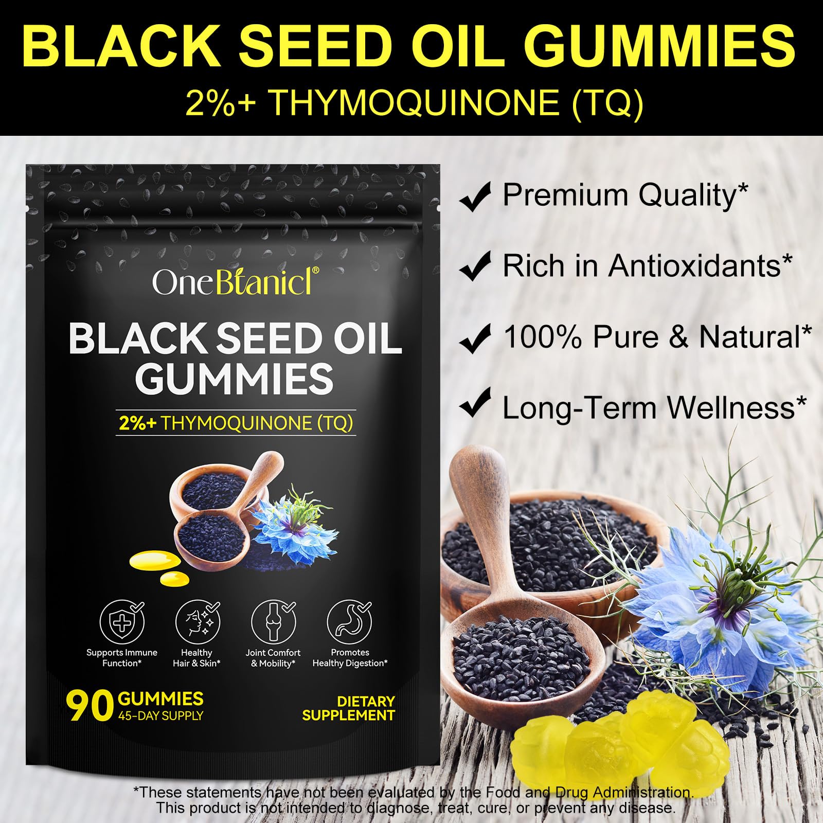 Gummy close-up highlighting 100% black seed oil and cinnamon flavor