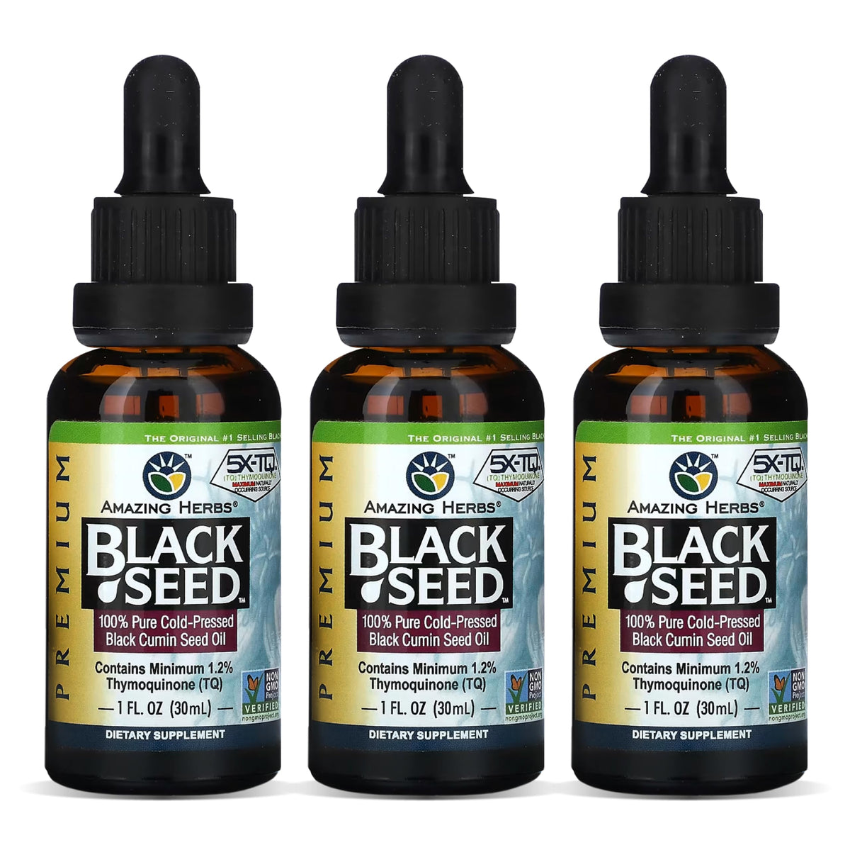 Front view of Amazing Herbs Black Seed Oil bottle - 1 oz (pack of 3)