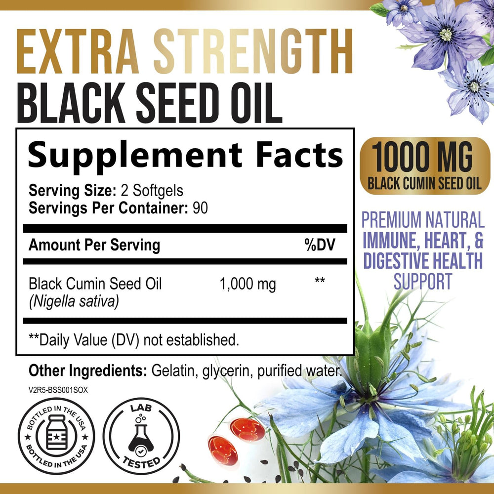 Amber bottle with label showing black seed oil softgels 1000mg