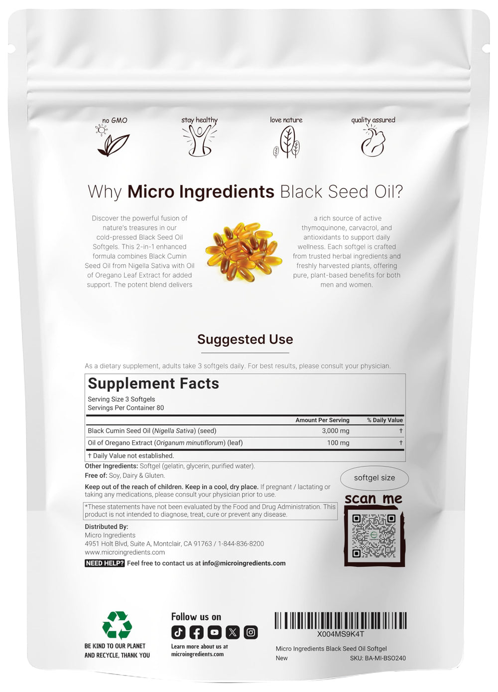 Close-up of black seed oil softgels showing 3000mg per serving