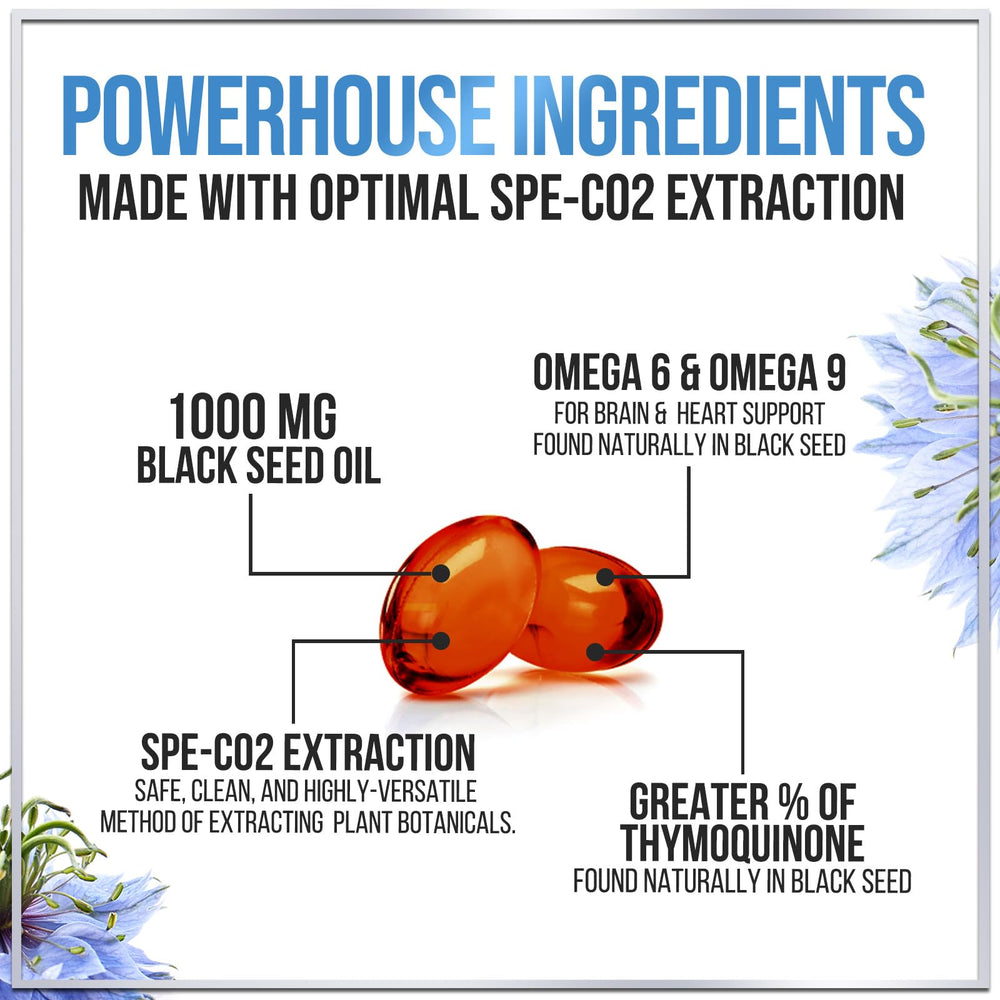 Close-up view of black seed oil softgels in bottle