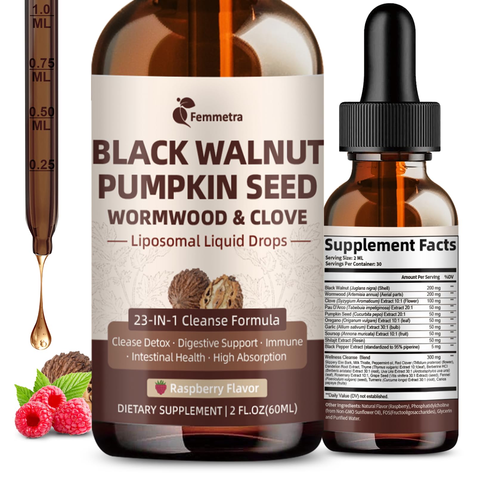 Front view of Black Walnut Wormwood Clove Cleanse Drops Raspberry flavor bottle