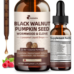 Front view of Black Walnut Wormwood Clove Cleanse Drops Raspberry flavor bottle