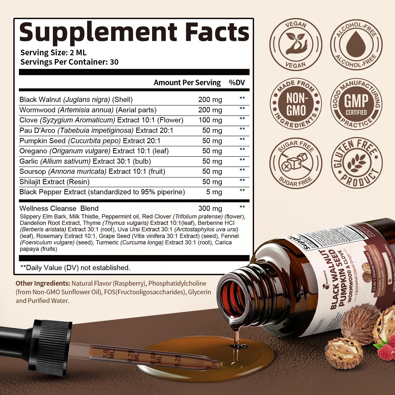 Close-up of Raspberry-flavored Cleanse Drops label