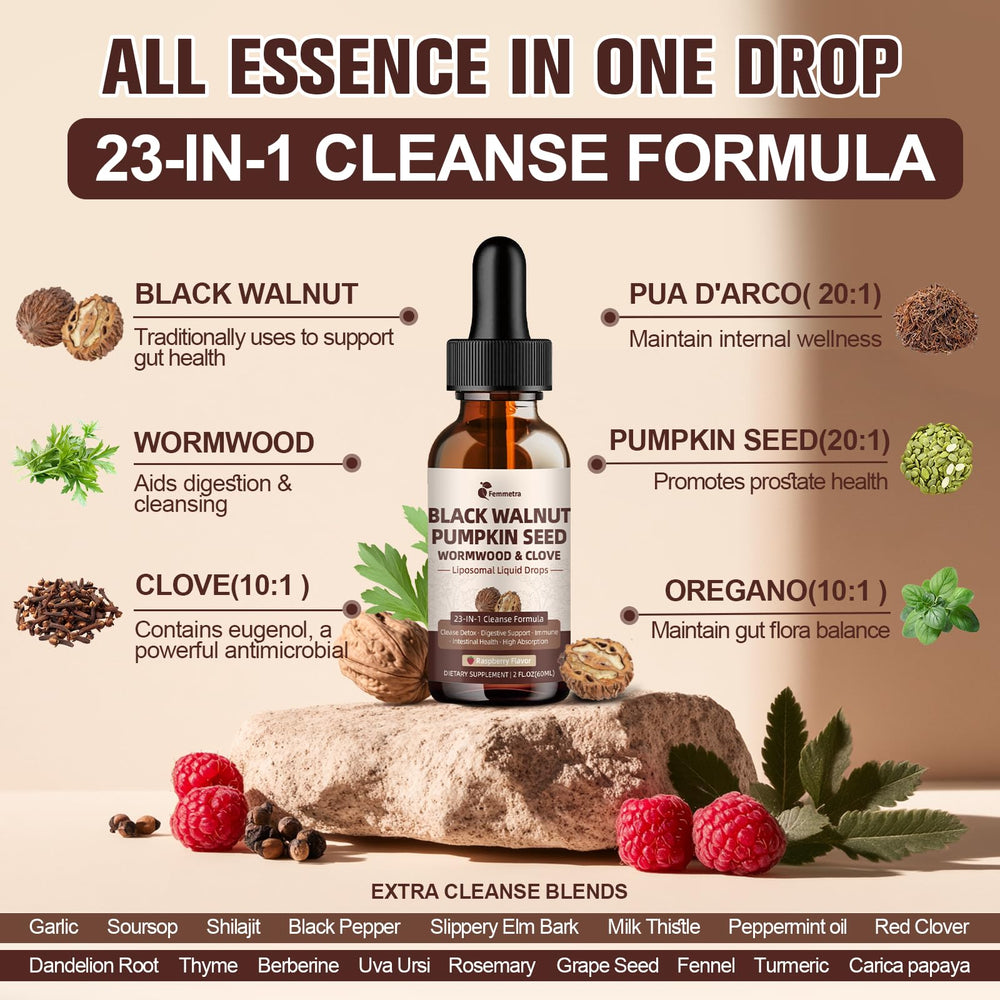 Dropper dispensing cleanse drops into a glass