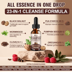 Dropper dispensing cleanse drops into a glass