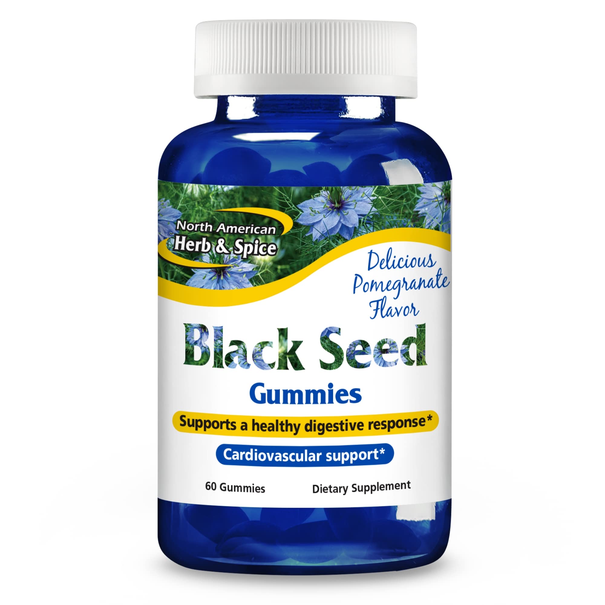 Front view of NORTH AMERICAN HERB & SPICE Black Seed Gummies with Pomegranate flavor