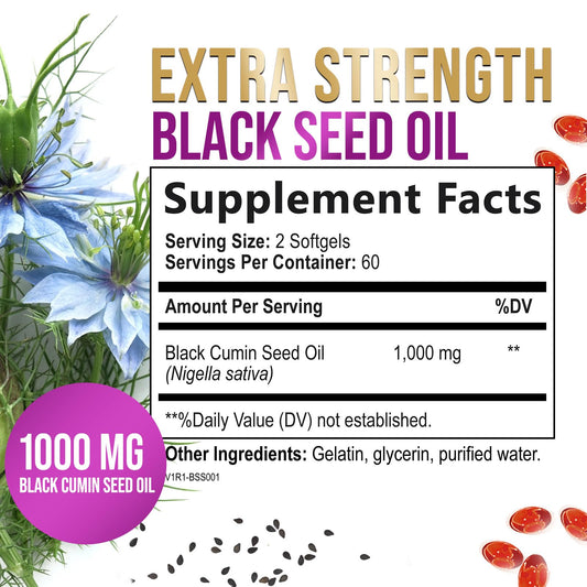 Back label of Black Seed Oil 1000mg softgels bottle