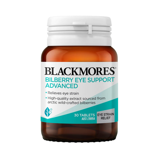 Front view of Blackmores Bilberry Eye Support Advanced bottle