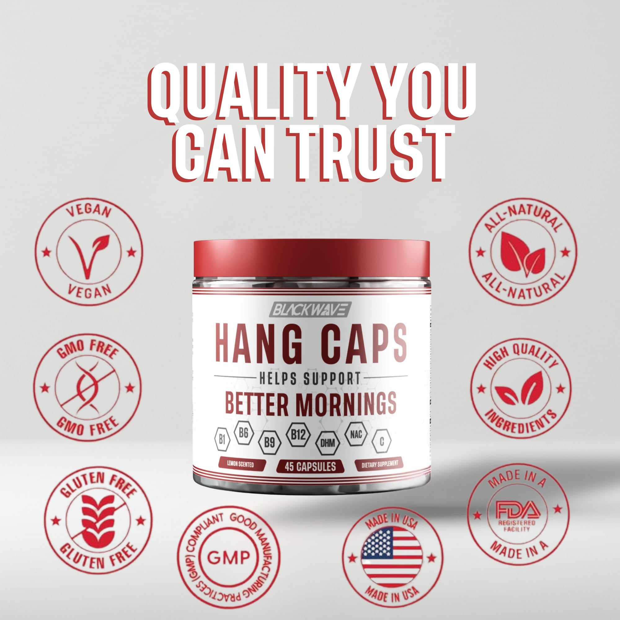 BlackWave Hang Caps ingredients visual featuring DHM, ginger and B vitamins.
