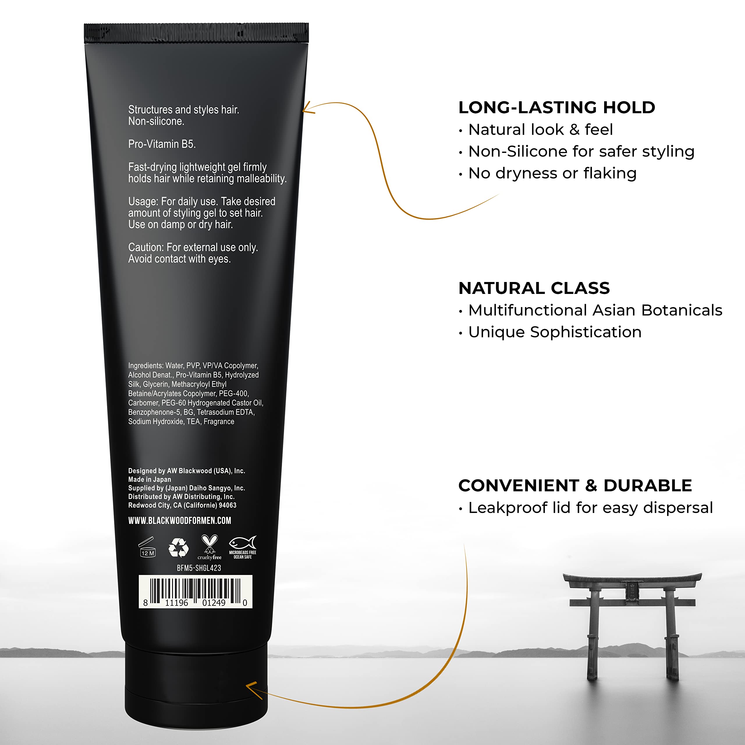 Blackwood For Men BioFuse Hair Sculpting Gel bottle label highlights vegan formula for healthy styling.