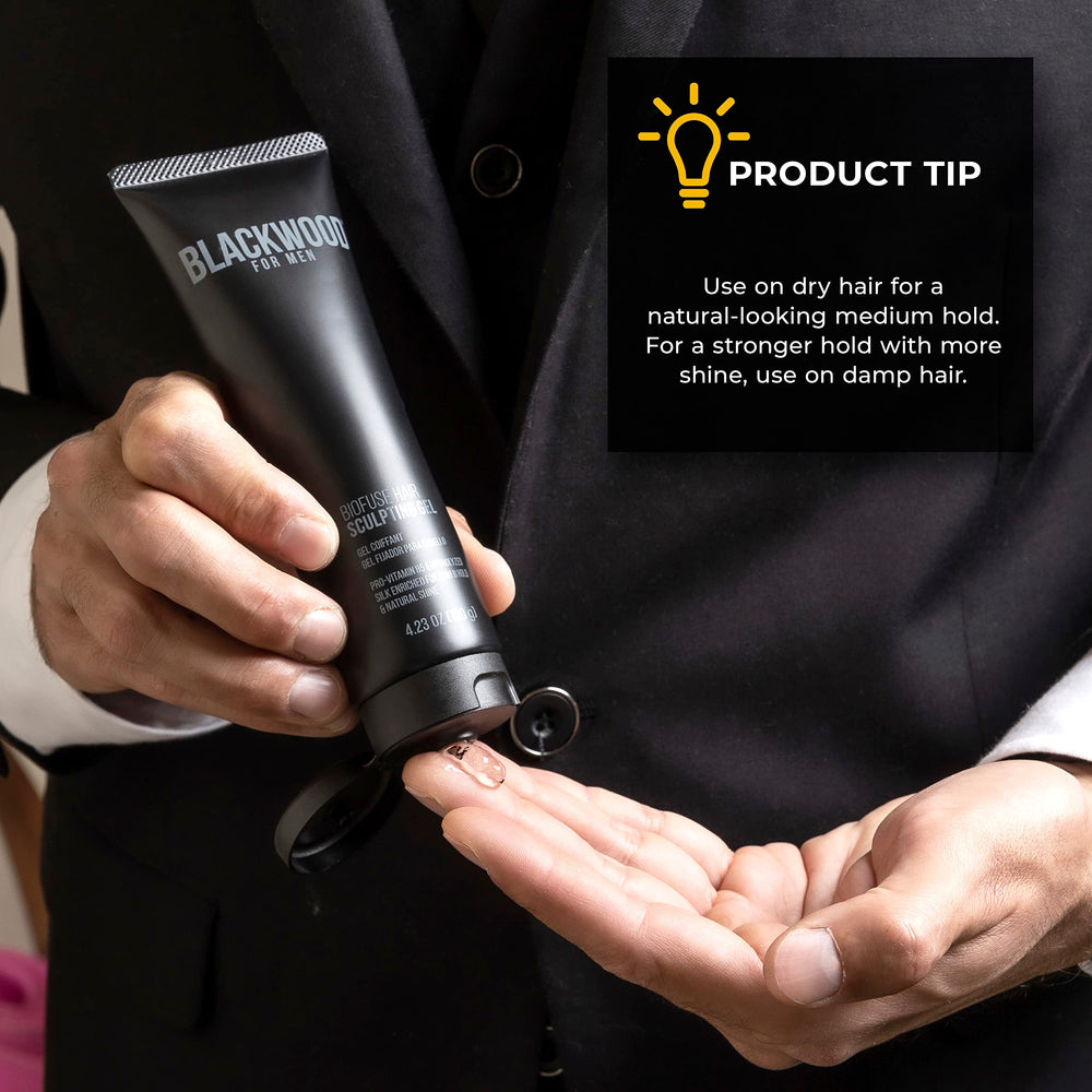 Blackwood For Men BioFuse Hair Sculpting Gel packaging confirms cruelty-free and sulfate-free attributes.
