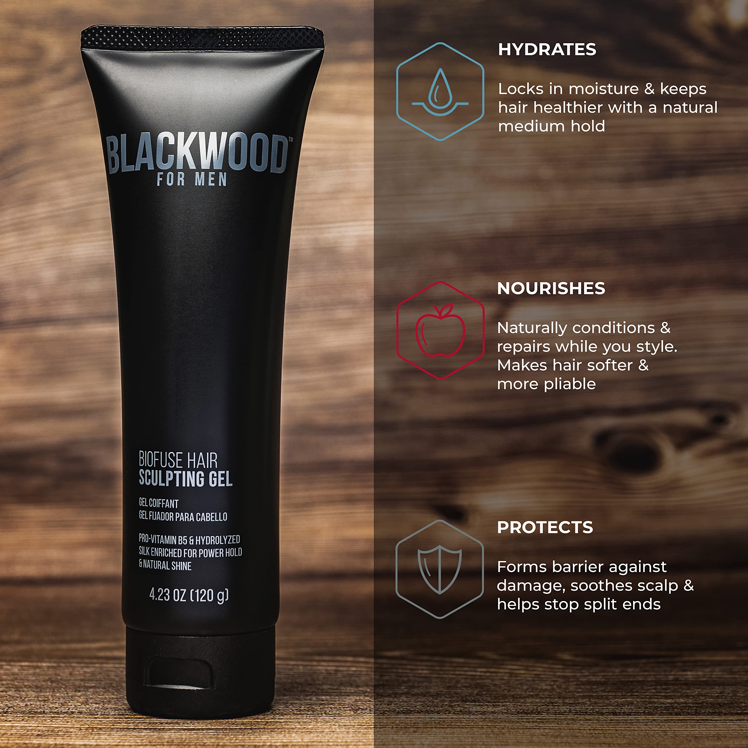 Blackwood For Men BioFuse Hair Sculpting Gel close-up on hair texture with natural shine.