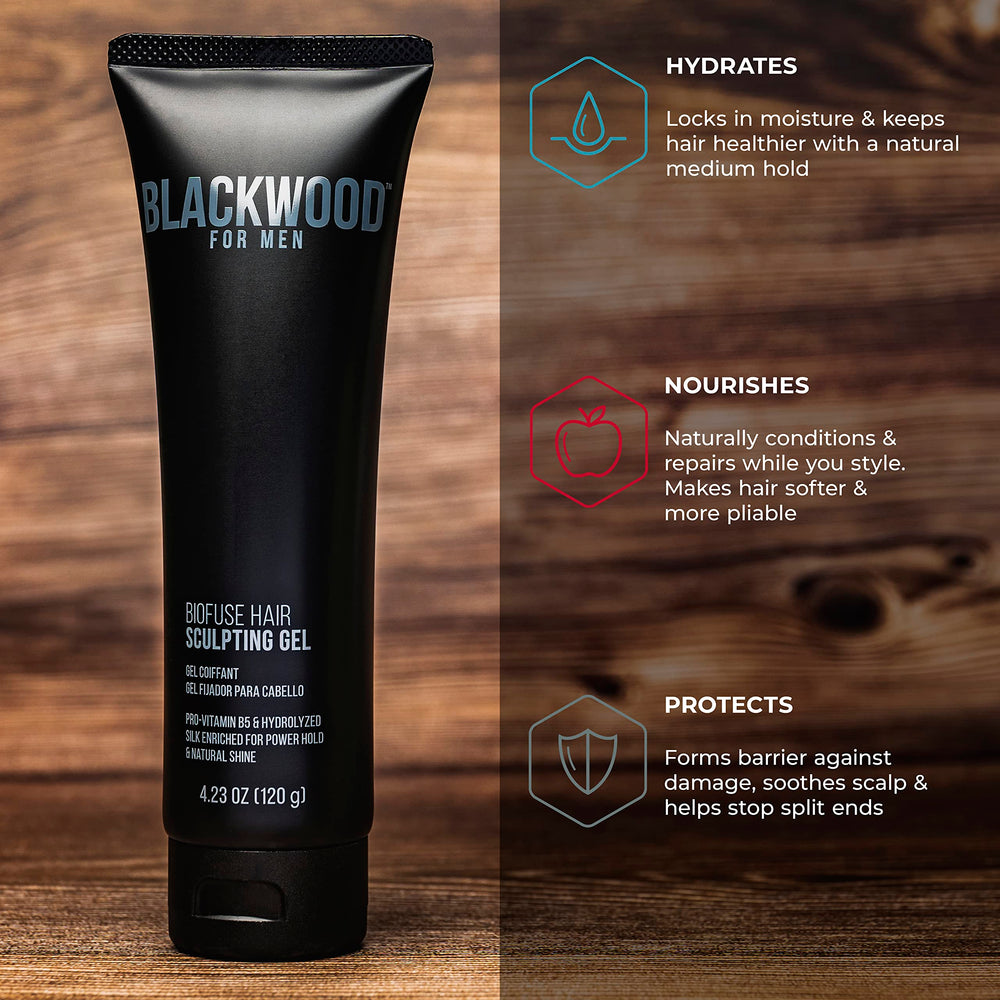 Blackwood For Men BioFuse Hair Sculpting Gel close-up on hair texture with natural shine.