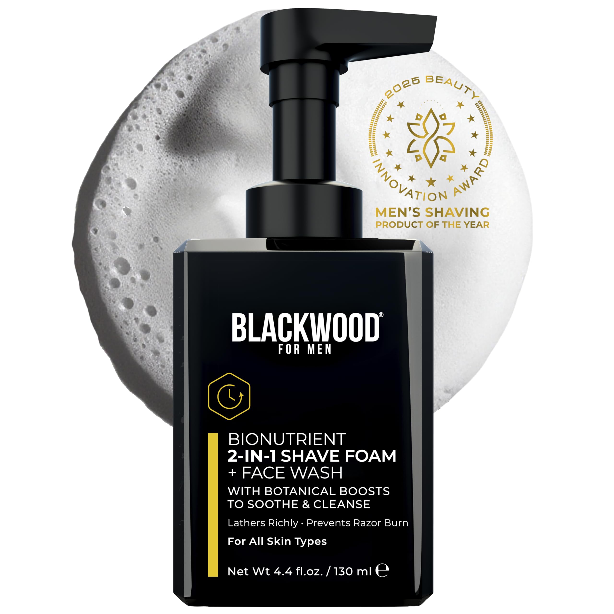 Blackwood For Men BioNutrient two-in-one shave-foam pump bottle for smooth shave prep.