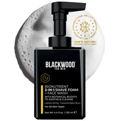 Blackwood For Men BioNutrient two-in-one shave-foam pump bottle for smooth shave prep.