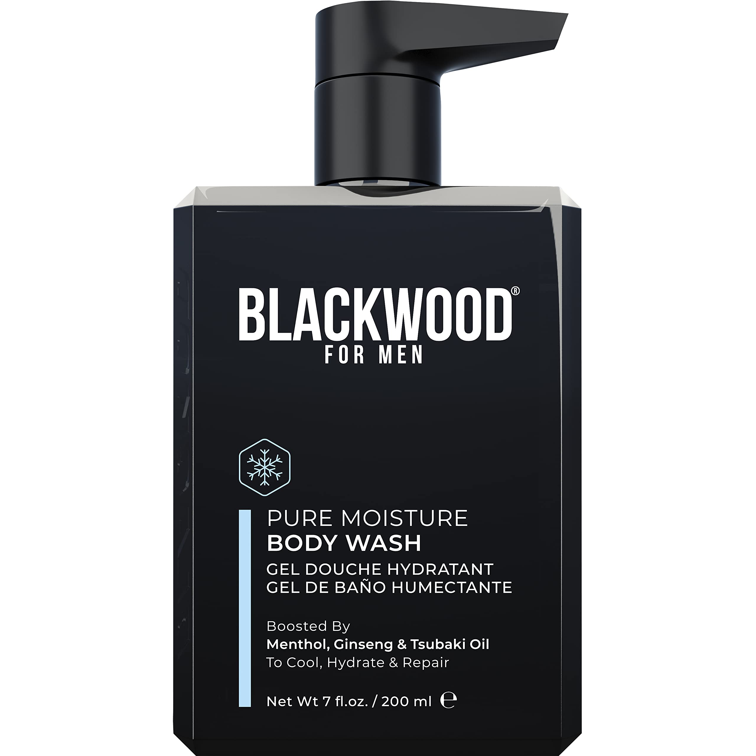 Blackwood For Men Pure Moisture Body Wash bottle delivering deep hydration for sensitive skin.