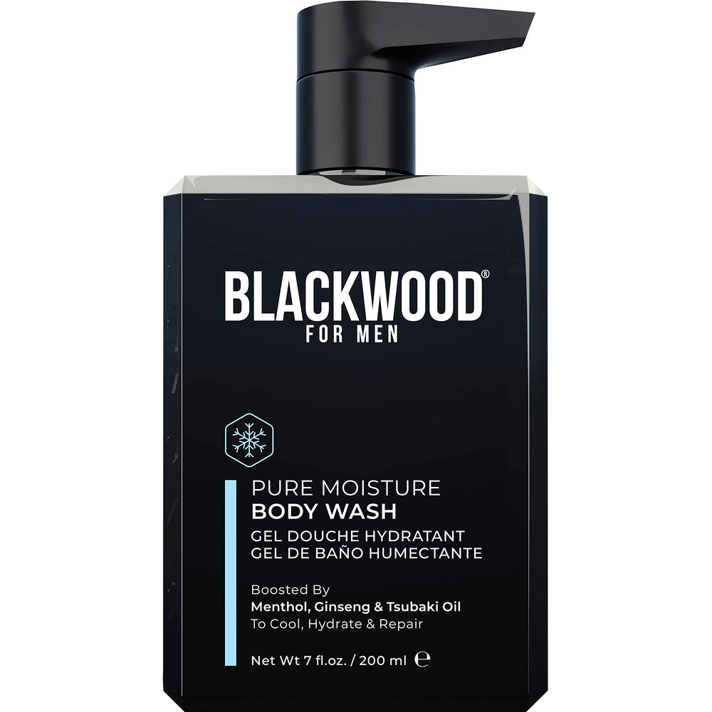 Blackwood For Men Pure Moisture Body Wash bottle delivering deep hydration for sensitive skin.