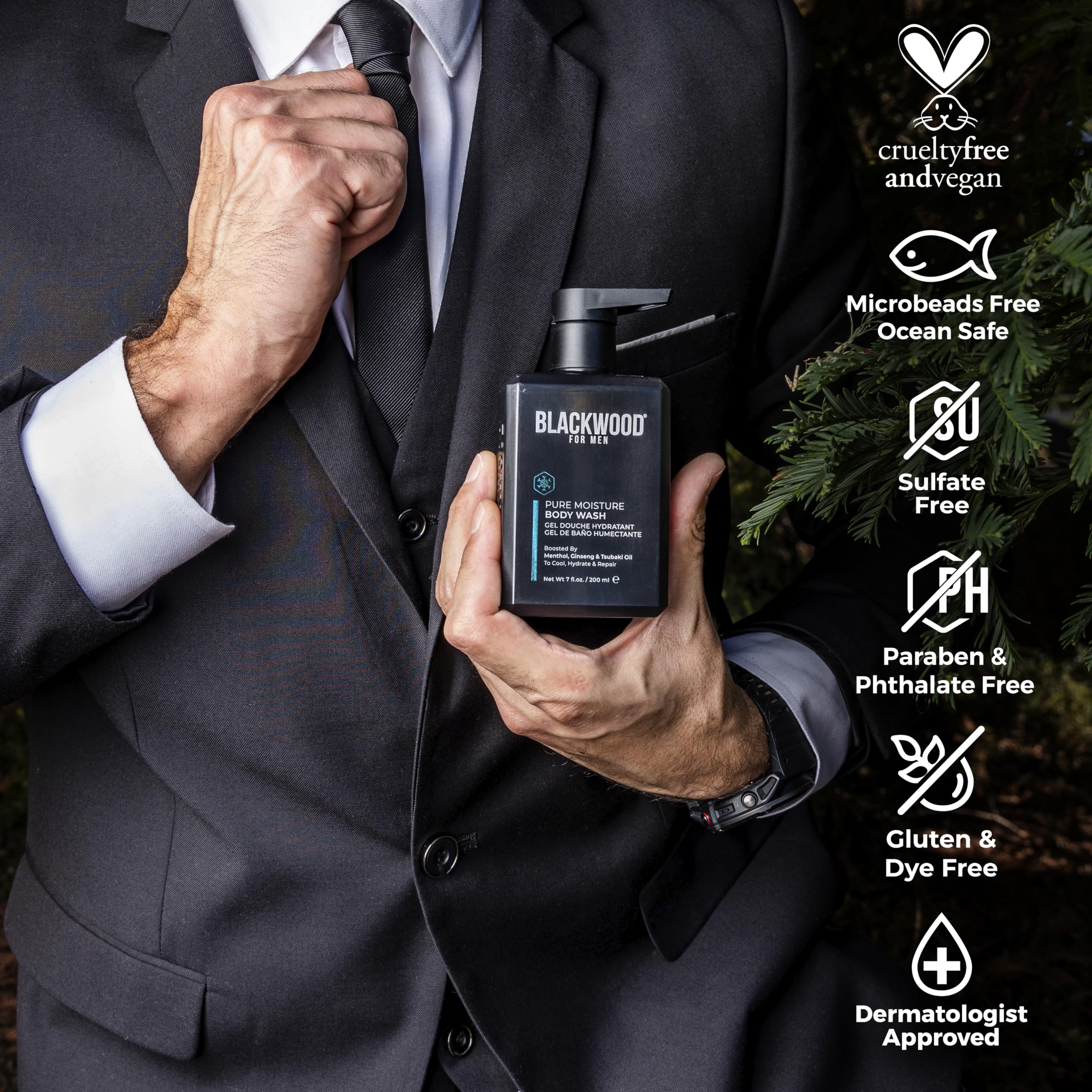 Blackwood For Men Pure Moisture Body Wash with ginseng image emphasizes revitalizing botanicals.