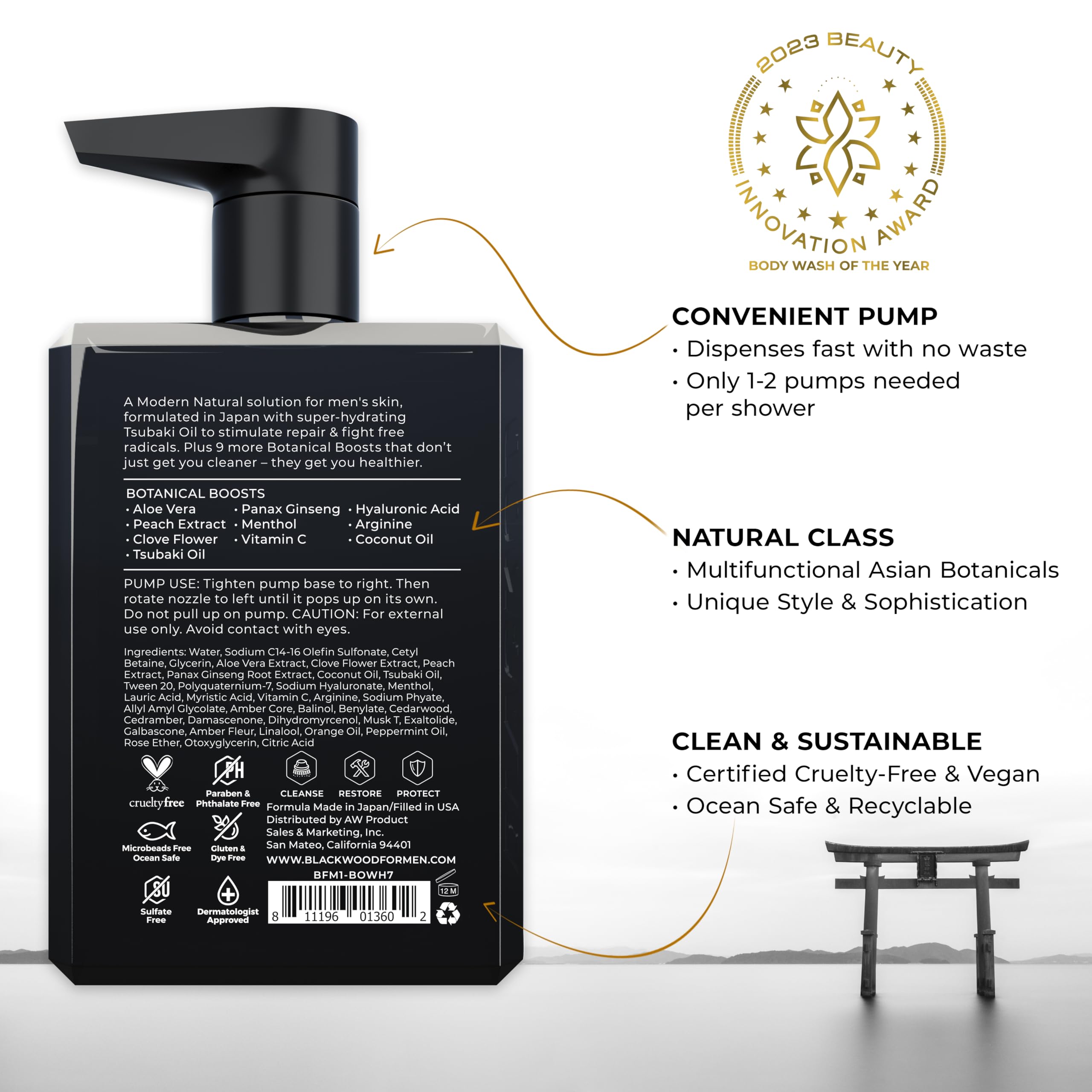 Blackwood For Men Pure Moisture packaging shows sulfate-free, vegan formula for clean sensations.