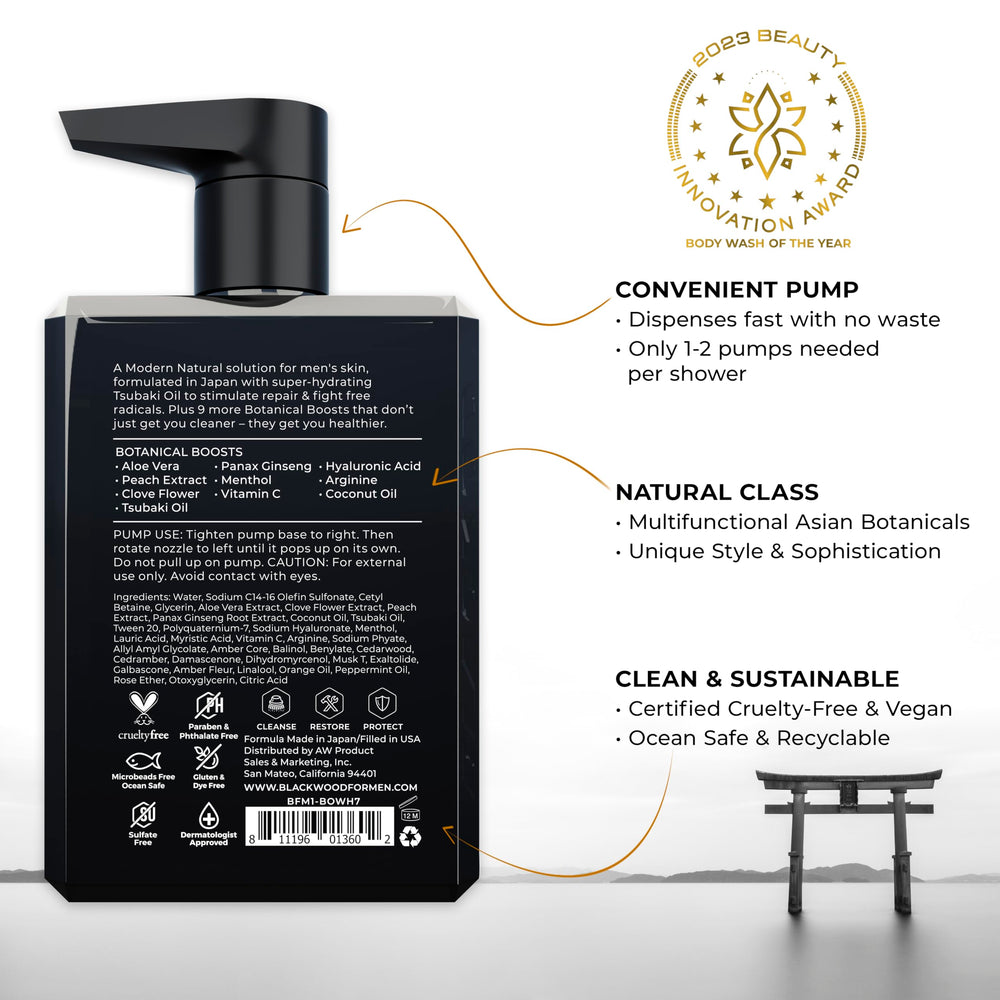 Blackwood For Men Pure Moisture packaging shows sulfate-free, vegan formula for clean sensations.