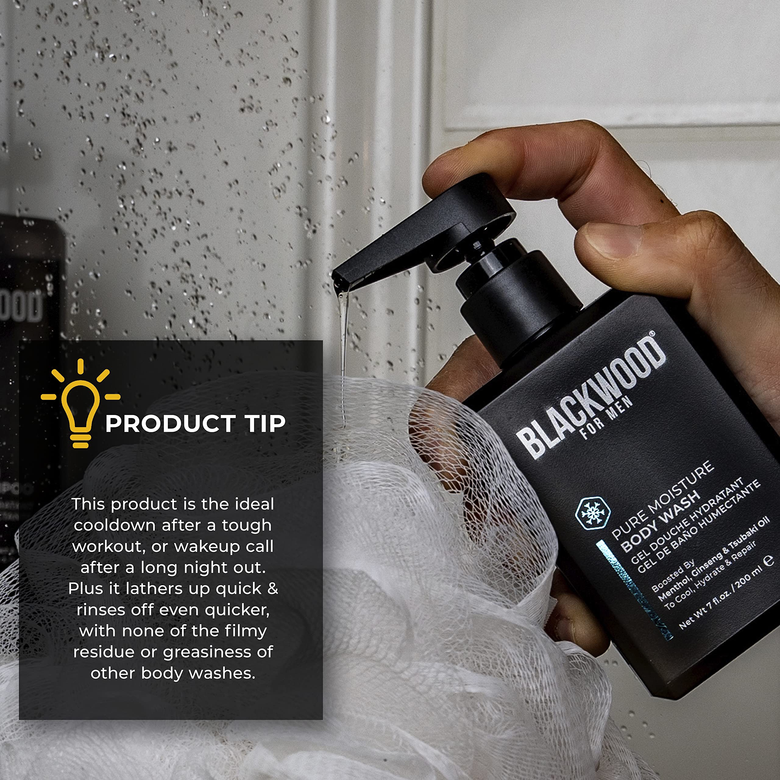 Blackwood For Men Pure Moisture post-workout routine usage scene illustrating recovery-friendly cleansing.