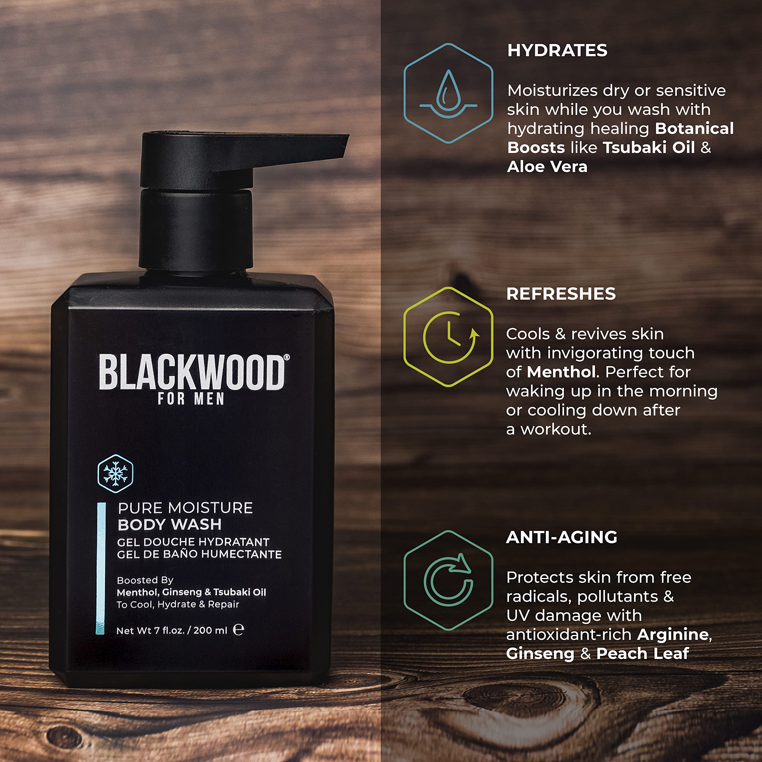 Blackwood For Men Pure Moisture scent profile art depicting citrus, aloe vera and mint notes.