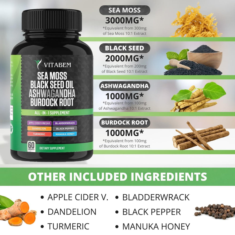 Bladderwrack, Burdock Root and Sea Moss capsules on bottle