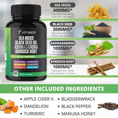 Bladderwrack, Burdock Root and Sea Moss capsules on bottle