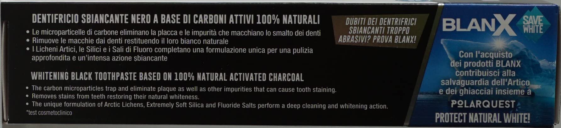 Italian packaging label for BlanX Black toothpaste
